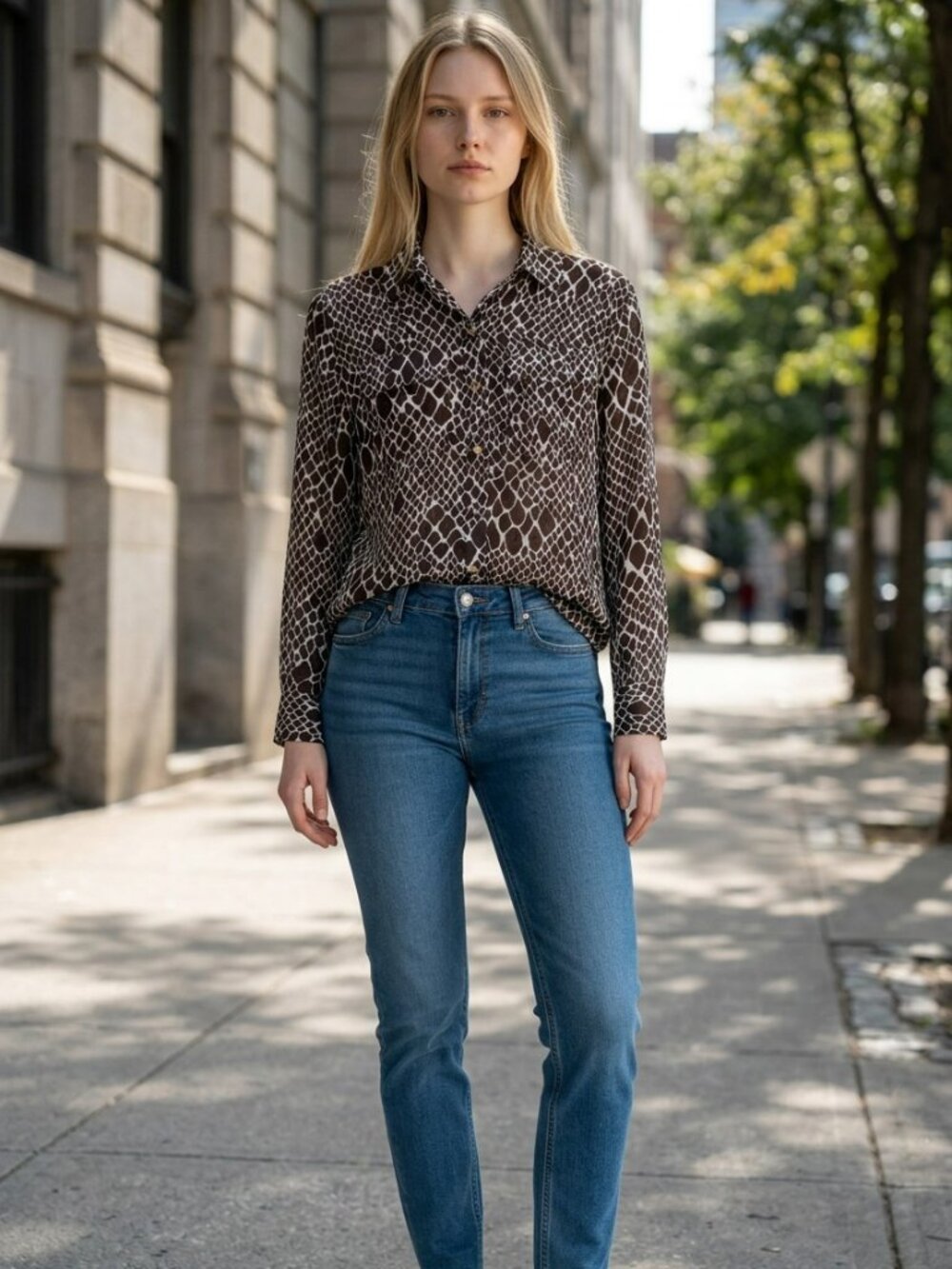 Charter Club Brown and White Snakeskin Print Long Sleeve Button Down Blouse M